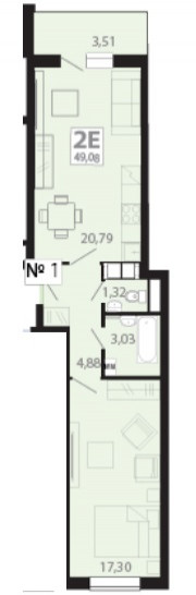 Двухкомнатная квартира (Евро) 49 м²